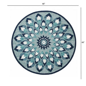 Homeroots 4' Round Blue And White Floral Feather Area Rug  Wool 396198