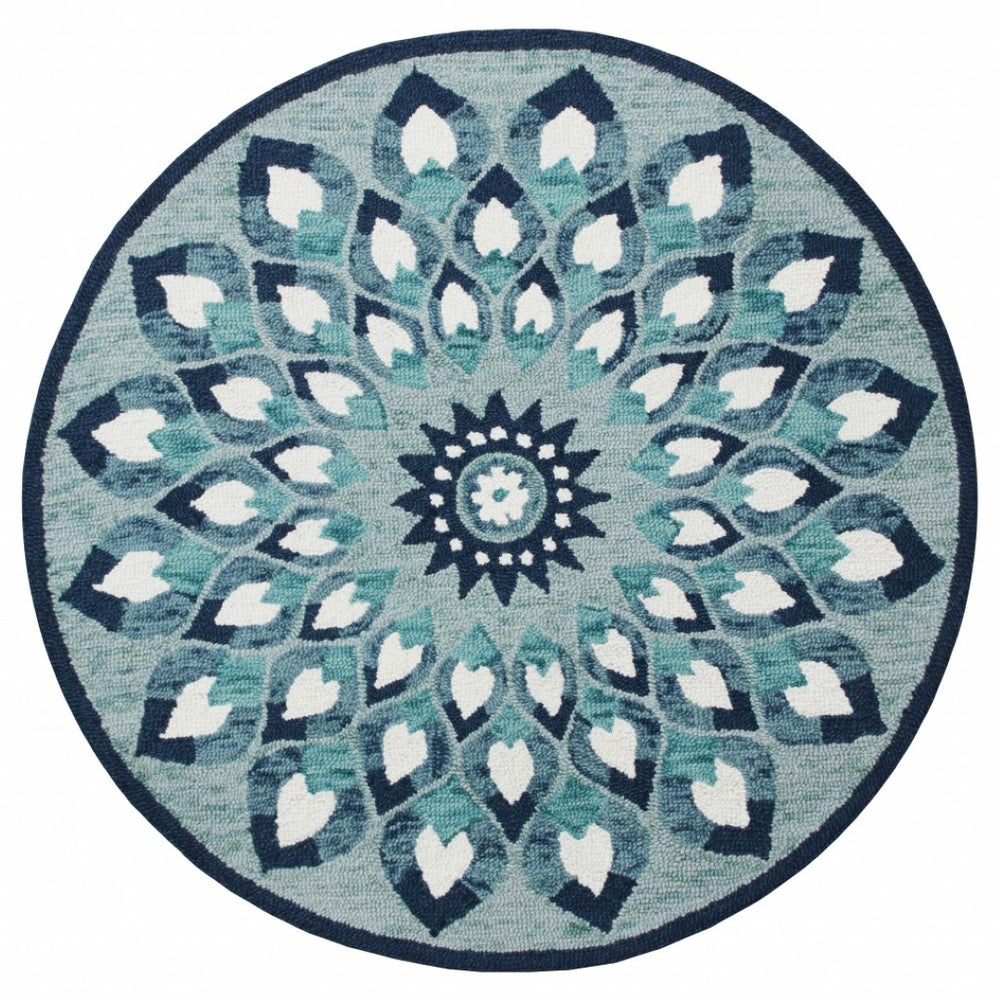 HomeRoots 6' Blue and White Hand-Tufted Wool Area Rug for Timeless Style and Comfort in Any Room Decor 6' Round 396199