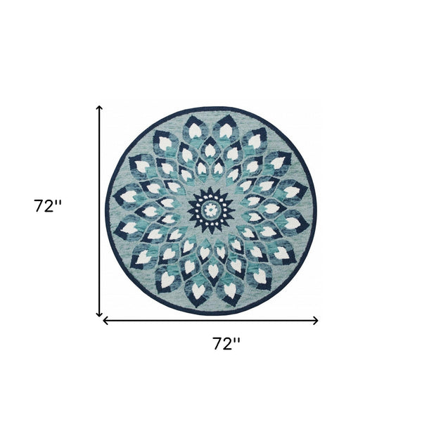 Homeroots 6' Blue And White Round Wool Hand Tufted Area Rug  Wool 396199