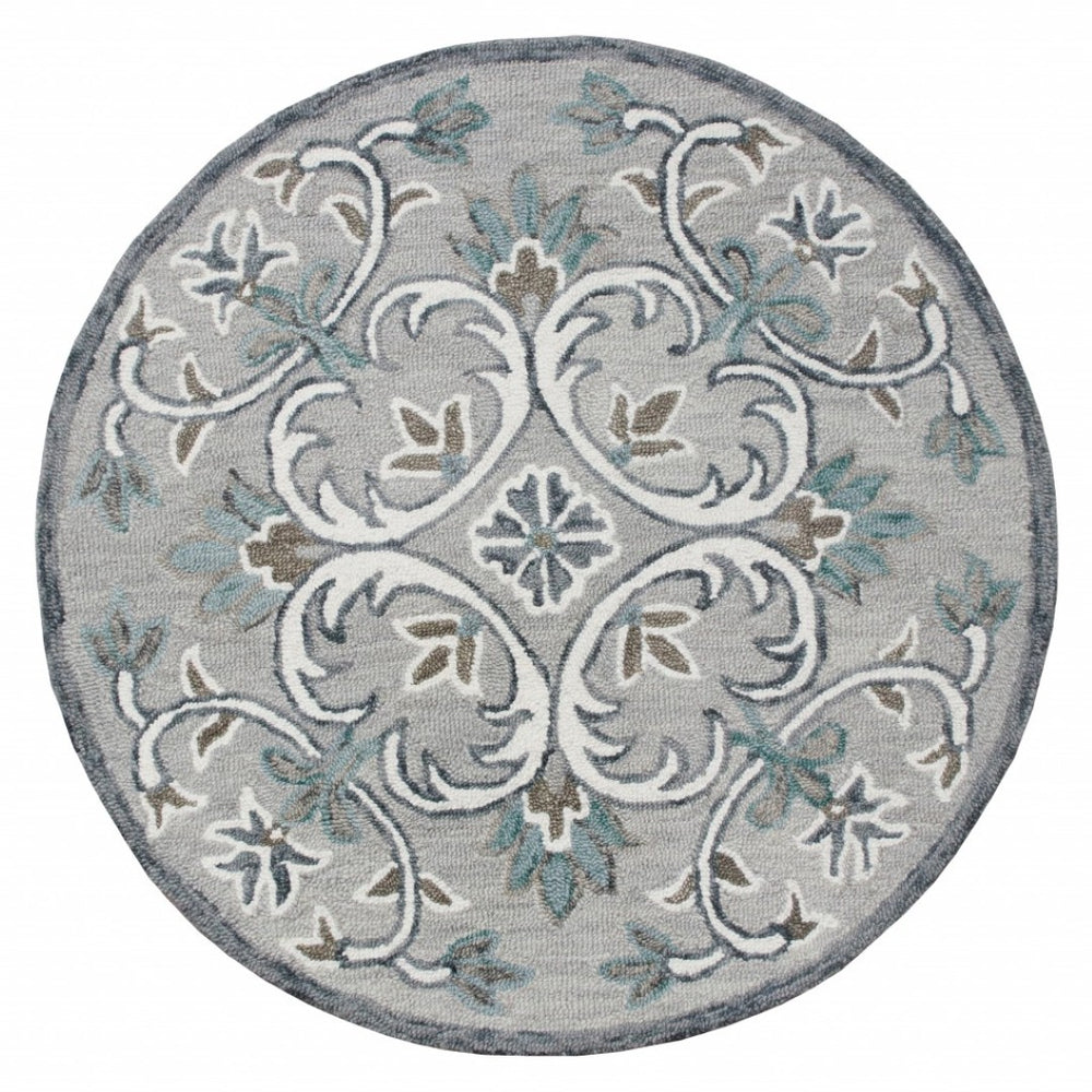 HomeRoots 6' Elegant Gray and White Filigree Area Rug – Hand-Tufted Wool for Luxurious Comfort and Style 6' Round 396201