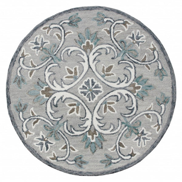 HomeRoots 6' Elegant Gray and White Filigree Area Rug – Hand-Tufted Wool for Luxurious Comfort and Style 6' Round 396201