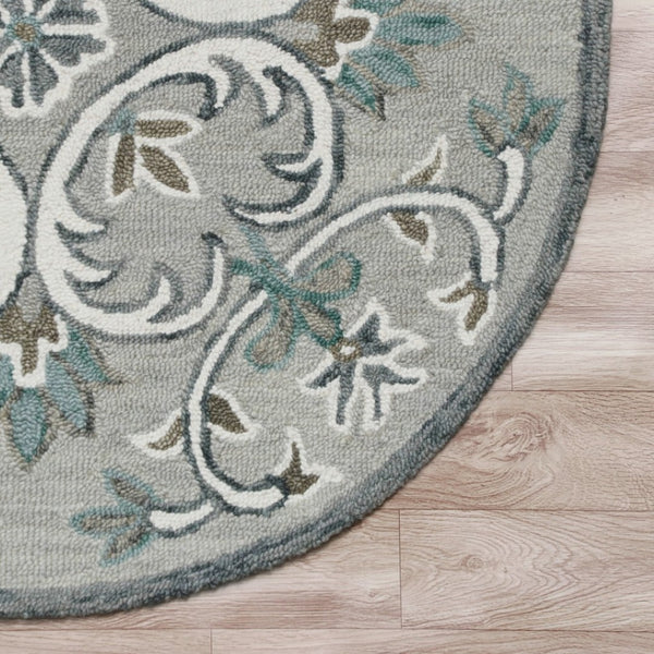 HomeRoots 6' Elegant Gray and White Filigree Area Rug – Hand-Tufted Wool for Luxurious Comfort and Style 6' Round 396201