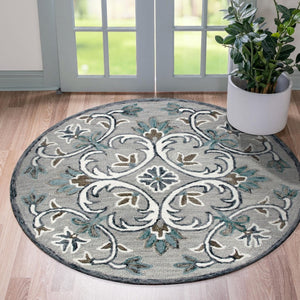 HomeRoots 6' Elegant Gray and White Filigree Area Rug – Hand-Tufted Wool for Luxurious Comfort and Style 6' Round 396201