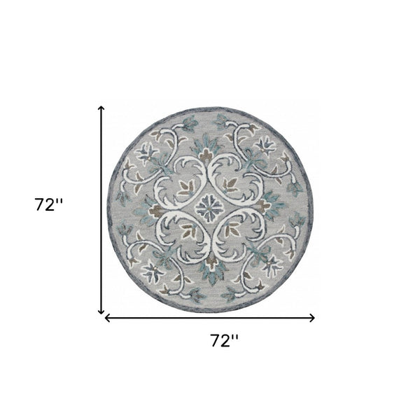 HomeRoots 6' Elegant Gray and White Filigree Area Rug – Hand-Tufted Wool for Luxurious Comfort and Style 6' Round 396201
