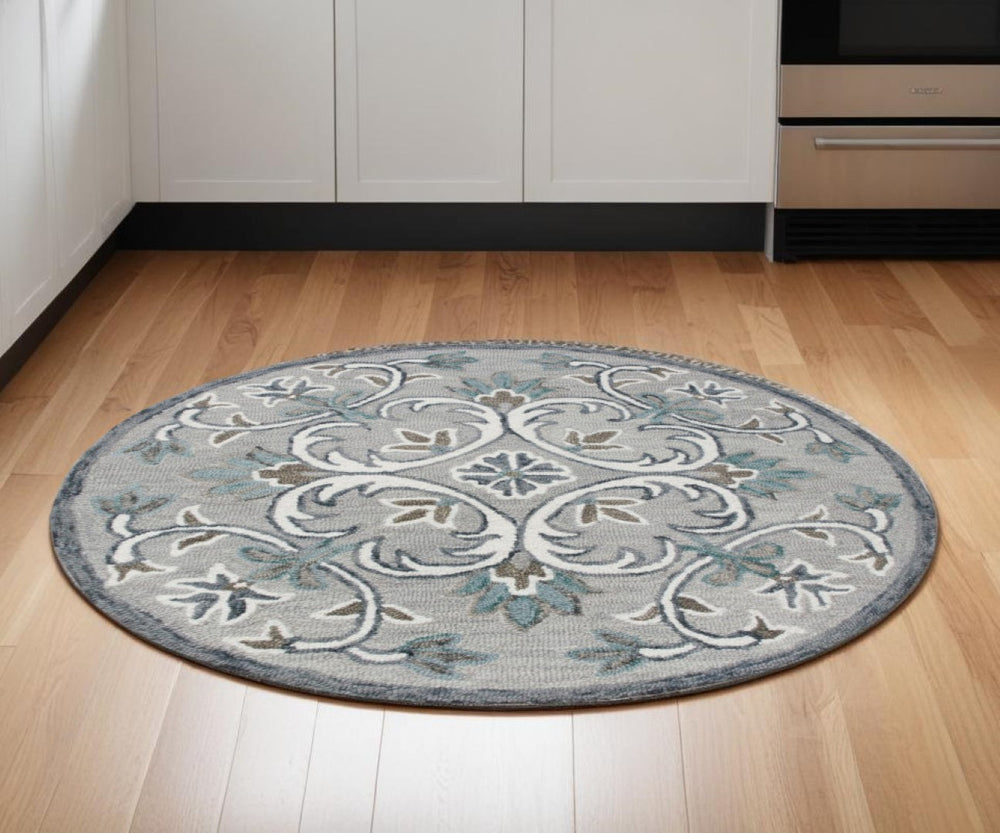 HomeRoots 6' Elegant Gray and White Filigree Area Rug – Hand-Tufted Wool for Luxurious Comfort and Style 6' Round 396201