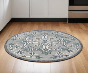 HomeRoots 6' Elegant Gray and White Filigree Area Rug – Hand-Tufted Wool for Luxurious Comfort and Style 6' Round 396201