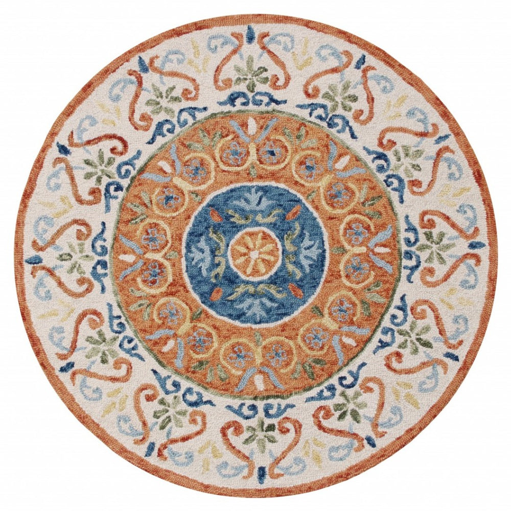 HomeRoots 6' Vibrant Traditional Medallion Area Rug - Hand-Tufted Wool Softness for Elegant Home Décor 6' Round 396203