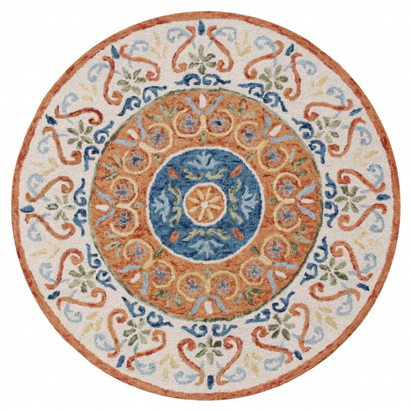 HomeRoots 6' Vibrant Traditional Medallion Area Rug - Hand-Tufted Wool Softness for Elegant Home Décor 6' Round 396203