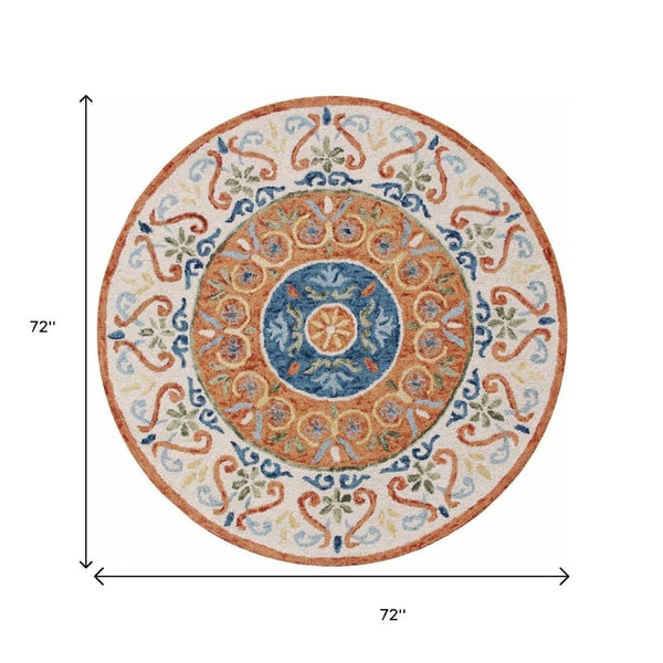 HomeRoots 6' Vibrant Traditional Medallion Area Rug - Hand-Tufted Wool Softness for Elegant Home Décor 6' Round 396203