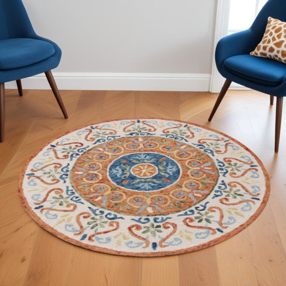 HomeRoots 6' Vibrant Traditional Medallion Area Rug - Hand-Tufted Wool Softness for Elegant Home Décor 6' Round 396203