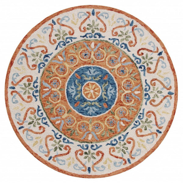 HomeRoots 6' Vibrant Traditional Medallion Area Rug - Hand-Tufted Wool Softness for Elegant Home Décor 6' Round 396203