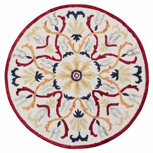 HomeRoots 6' Hand-Tufted Red and Ivory Wool Area Rug - Artisan Crafted Elegance for Your Home Décor 6' Round 396205