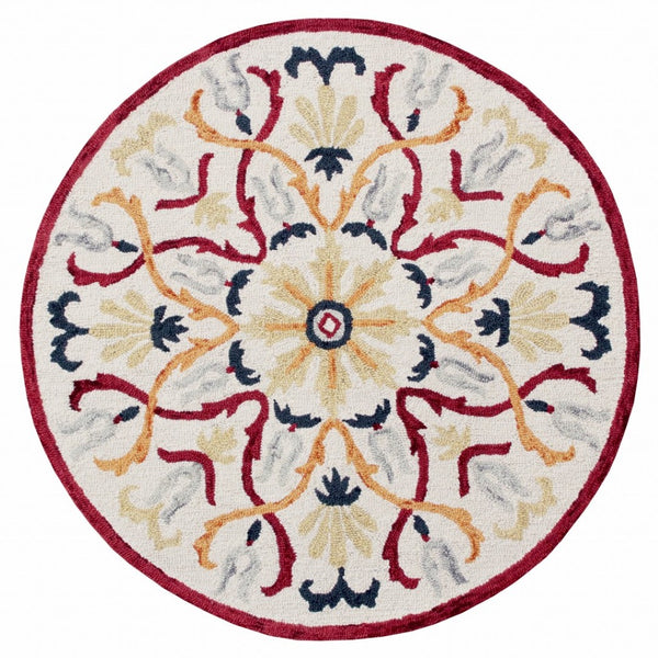 HomeRoots 6' Hand-Tufted Red and Ivory Wool Area Rug - Artisan Crafted Elegance for Your Home Décor 6' Round 396205