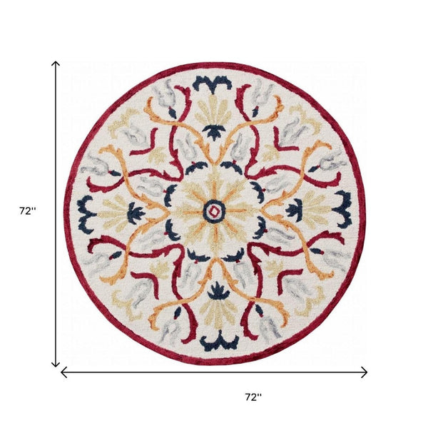 HomeRoots 6' Hand-Tufted Red and Ivory Wool Area Rug - Artisan Crafted Elegance for Your Home Décor 6' Round 396205