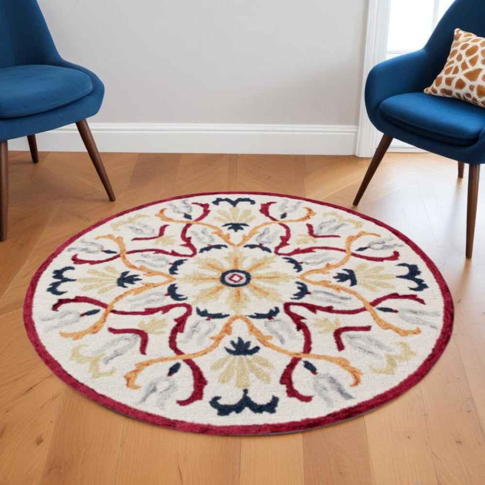HomeRoots 6' Hand-Tufted Red and Ivory Wool Area Rug - Artisan Crafted Elegance for Your Home Décor 6' Round 396205