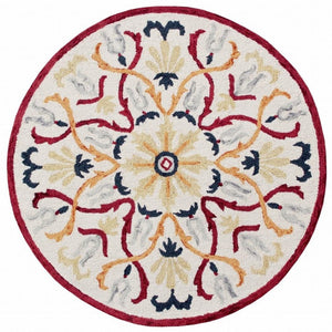 HomeRoots 6' Hand-Tufted Red and Ivory Wool Area Rug - Artisan Crafted Elegance for Your Home Décor 6' Round 396205