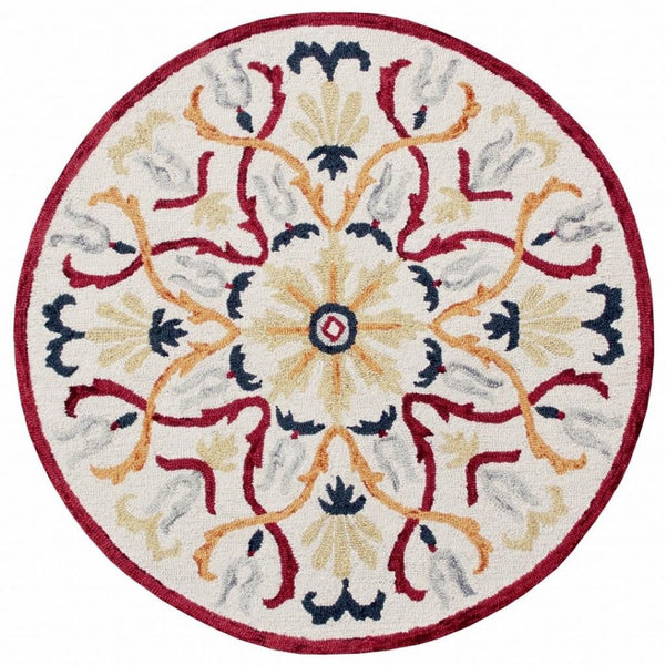 HomeRoots 6' Hand-Tufted Red and Ivory Wool Area Rug - Artisan Crafted Elegance for Your Home Décor 6' Round 396205