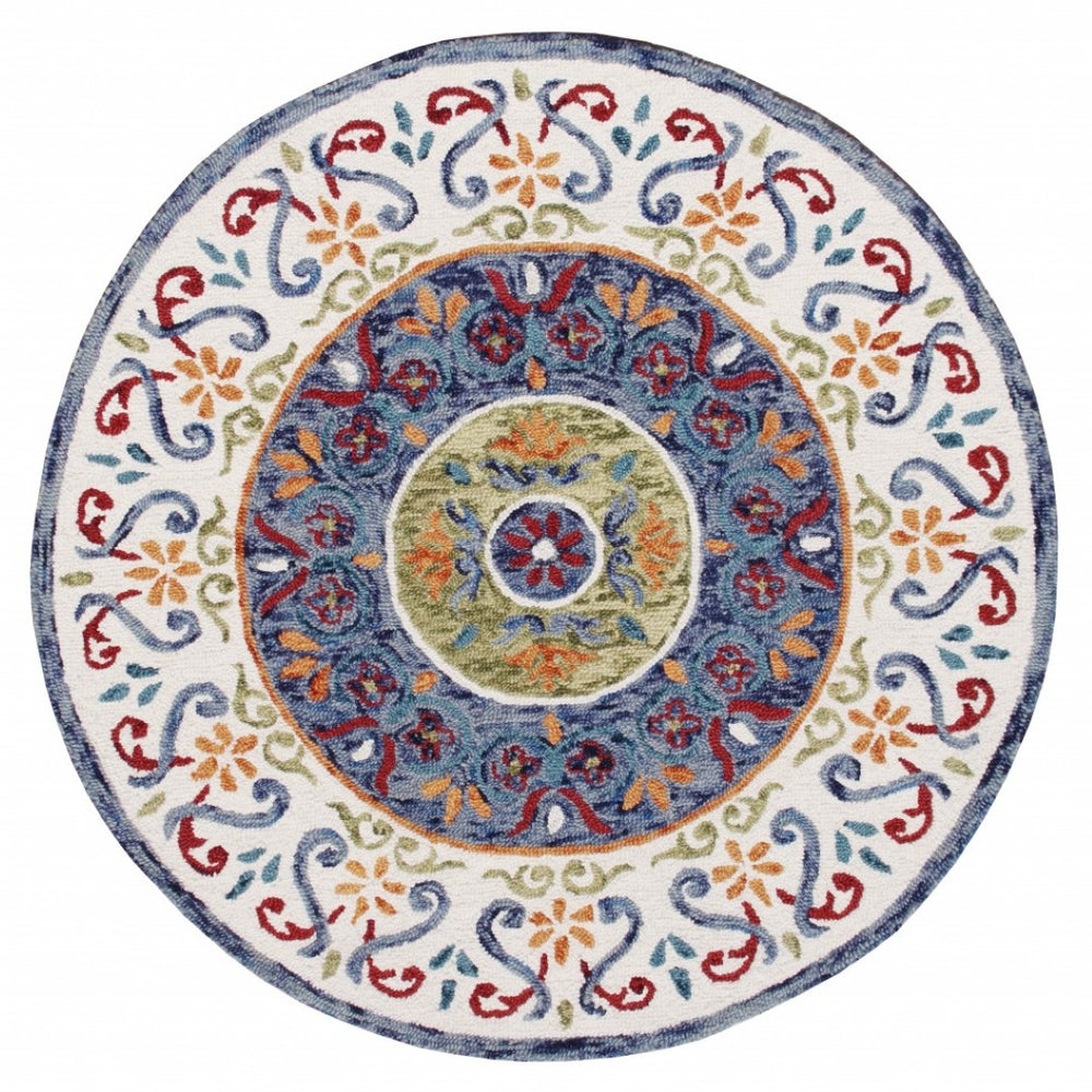 HomeRoots 6' Artisanal Blue and White Hand-Tufted Wool Area Rug for Modern Living Spaces and Cozy Comfort 6' Round 396207