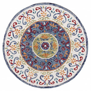 HomeRoots 6' Artisanal Blue and White Hand-Tufted Wool Area Rug for Modern Living Spaces and Cozy Comfort 6' Round 396207
