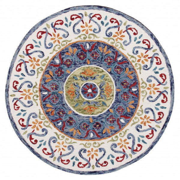HomeRoots 6' Artisanal Blue and White Hand-Tufted Wool Area Rug for Modern Living Spaces and Cozy Comfort 6' Round 396207