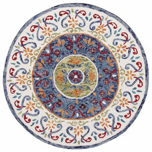 HomeRoots 6' Artisanal Blue and White Hand-Tufted Wool Area Rug for Modern Living Spaces and Cozy Comfort 6' Round 396207