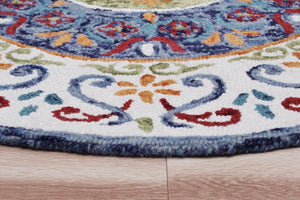 HomeRoots 6' Artisanal Blue and White Hand-Tufted Wool Area Rug for Modern Living Spaces and Cozy Comfort 6' Round 396207