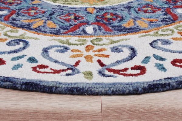 HomeRoots 6' Artisanal Blue and White Hand-Tufted Wool Area Rug for Modern Living Spaces and Cozy Comfort 6' Round 396207