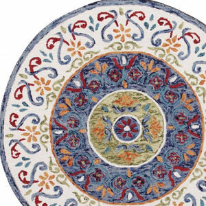 HomeRoots 6' Artisanal Blue and White Hand-Tufted Wool Area Rug for Modern Living Spaces and Cozy Comfort 6' Round 396207