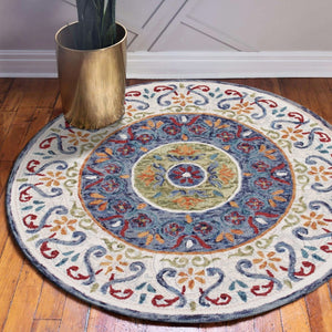 HomeRoots 6' Artisanal Blue and White Hand-Tufted Wool Area Rug for Modern Living Spaces and Cozy Comfort 6' Round 396207