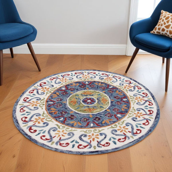 HomeRoots 6' Artisanal Blue and White Hand-Tufted Wool Area Rug for Modern Living Spaces and Cozy Comfort 6' Round 396207