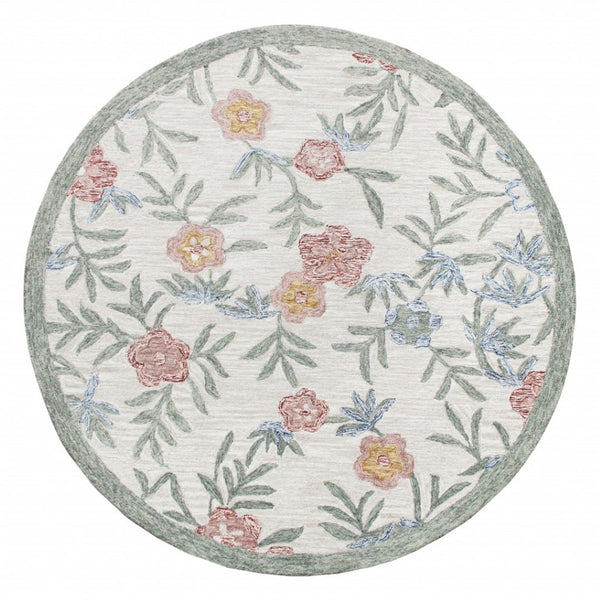 HomeRoots 6' Ivory and Blue Wool Area Rug - Hand-Hooked Artisanal Charm for Living Rooms and Bedrooms 6' Round 396209