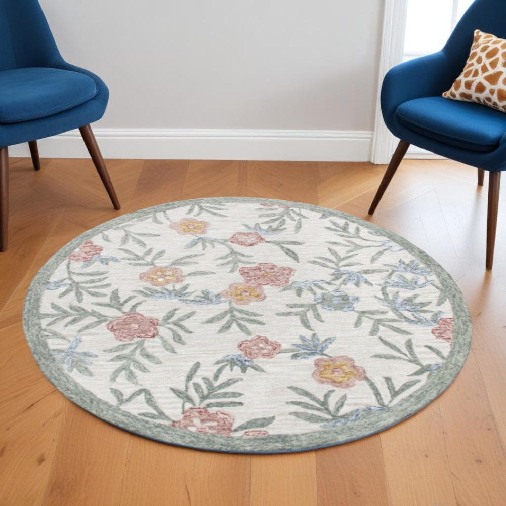 HomeRoots 6' Ivory and Blue Wool Area Rug - Hand-Hooked Artisanal Charm for Living Rooms and Bedrooms 6' Round 396209