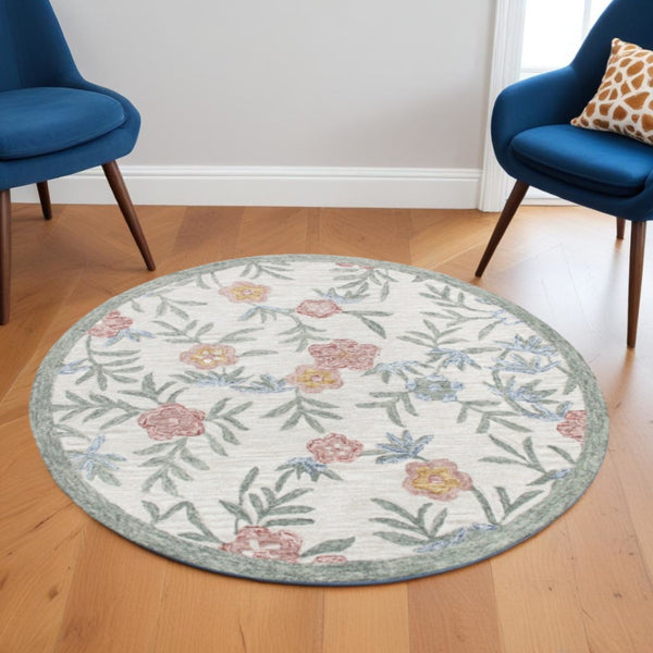 HomeRoots 6' Ivory and Blue Wool Area Rug - Hand-Hooked Artisanal Charm for Living Rooms and Bedrooms 6' Round 396209
