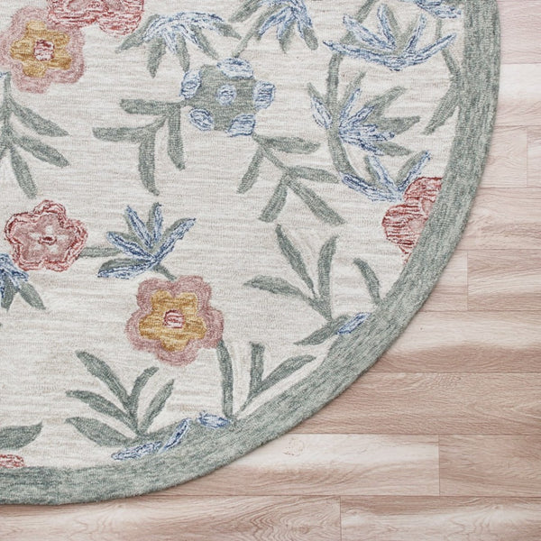 HomeRoots 6' Ivory and Blue Wool Area Rug - Hand-Hooked Artisanal Charm for Living Rooms and Bedrooms 6' Round 396209