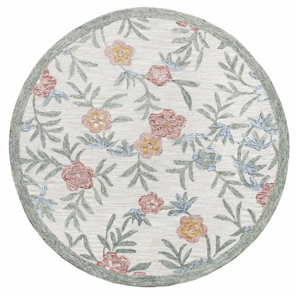 HomeRoots 6' Ivory and Blue Wool Area Rug - Hand-Hooked Artisanal Charm for Living Rooms and Bedrooms 6' Round 396209