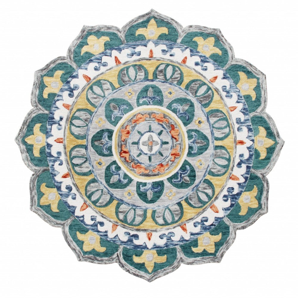 HomeRoots 6' Bold Blue and Red Wool Hand-Hooked Rug - Artisan Crafted, Durable Accent for Any Room 6' Round 396211