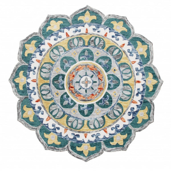 HomeRoots 6' Bold Blue and Red Wool Hand-Hooked Rug - Artisan Crafted, Durable Accent for Any Room 6' Round 396211