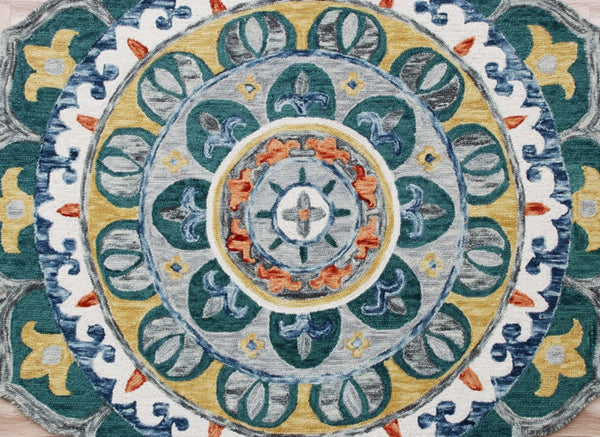 HomeRoots 6' Bold Blue and Red Wool Hand-Hooked Rug - Artisan Crafted, Durable Accent for Any Room 6' Round 396211