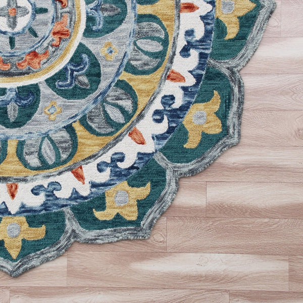 HomeRoots 6' Bold Blue and Red Wool Hand-Hooked Rug - Artisan Crafted, Durable Accent for Any Room 6' Round 396211