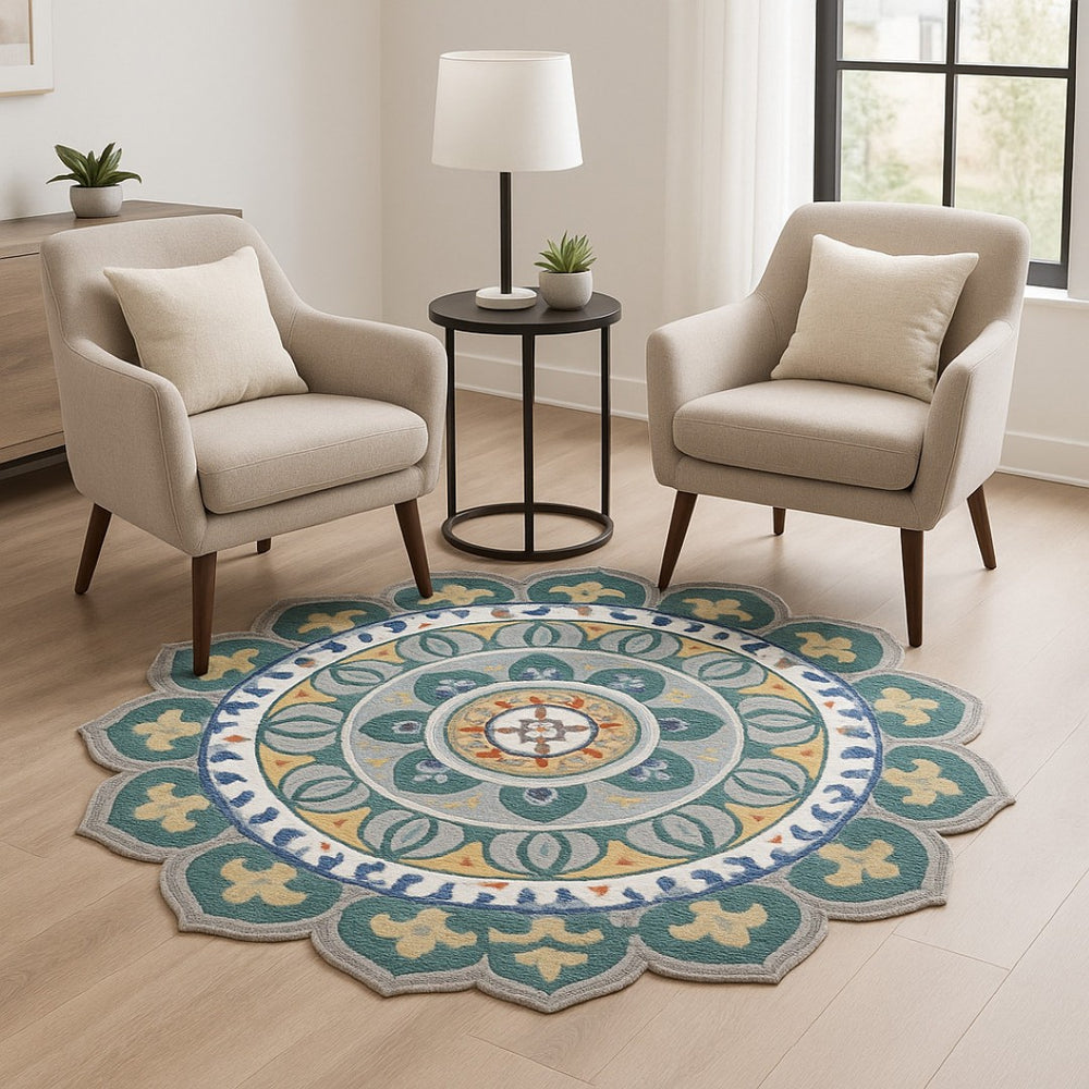 HomeRoots 6' Bold Blue and Red Wool Hand-Hooked Rug - Artisan Crafted, Durable Accent for Any Room 6' Round 396211