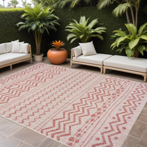 HomeRoots 8' Beige and Red Chevron Area Rug – Stylish Indoor/Outdoor Decor for Modern Living Spaces and Patios 8' x 10' 396228