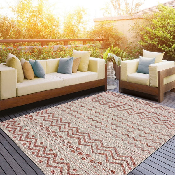 HomeRoots 8' Beige and Red Chevron Area Rug – Stylish Indoor/Outdoor Decor for Modern Living Spaces and Patios 8' x 10' 396228