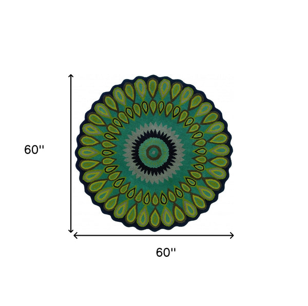 Homeroots 5' Round Green Peacock Feather Area Rug  Wool 396247