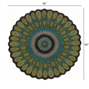 Homeroots 8’ Round Green Peacock Feather Area Rug  Wool 396248