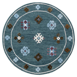 Homeroots 7' Blue Round Wool Hand Hooked Handmade Area Rug  Wool 396254