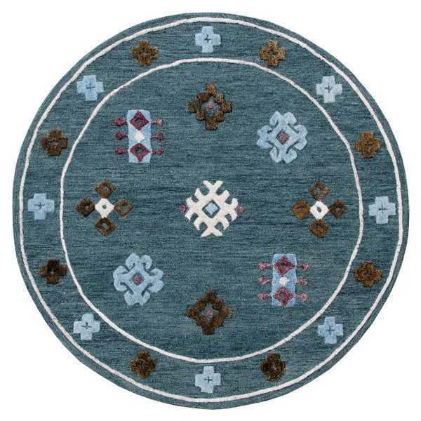 Homeroots 7' Blue Round Wool Hand Hooked Handmade Area Rug  Wool 396254
