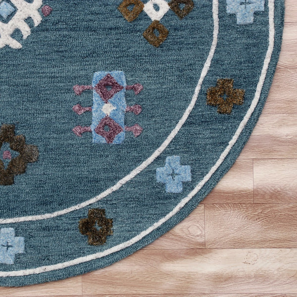 Homeroots 7' Blue Round Wool Hand Hooked Handmade Area Rug  Wool 396254