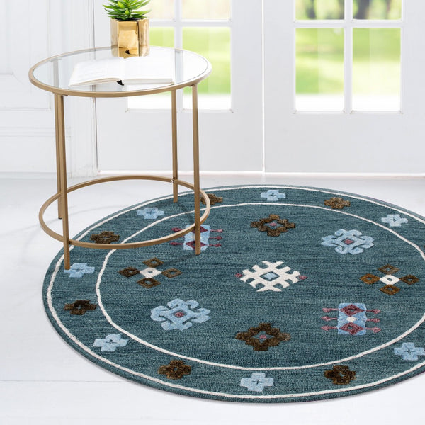 Homeroots 7' Blue Round Wool Hand Hooked Handmade Area Rug  Wool 396254