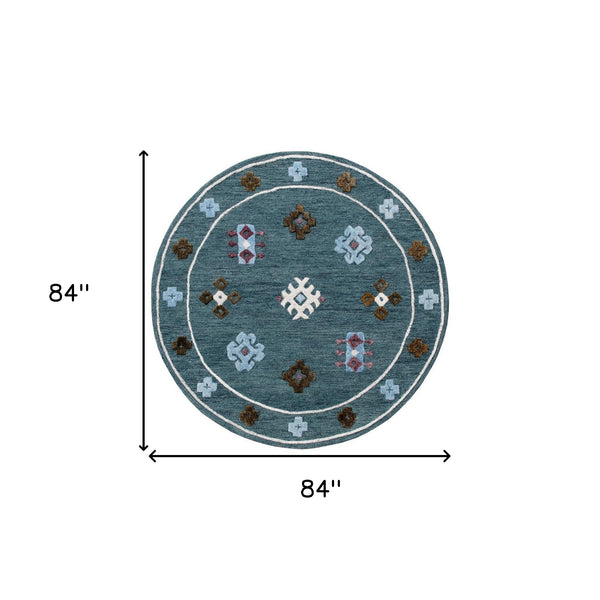 Homeroots 7' Blue Round Wool Hand Hooked Handmade Area Rug  Wool 396254