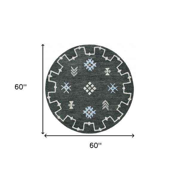 Homeroots 5' Charcoal Round Wool Hand Hooked Handmade Area Rug  Wool 396255